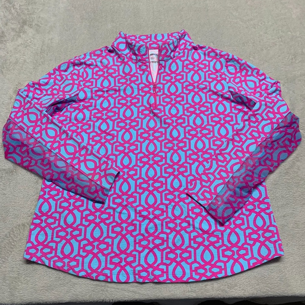 IBKUL Keleigh Long Sleeve Ruffle Mock Shirt Women's XL Pink‎ Turquoise Geometric